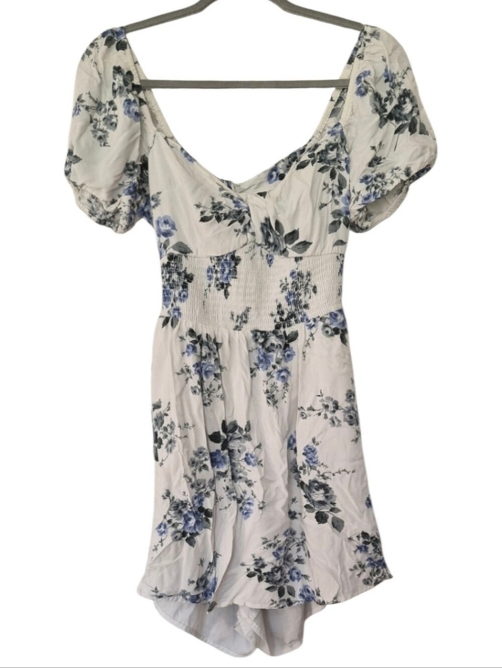 Hollister Floral Open Back Romper Puff Sleeve Smocked Waist Size Large